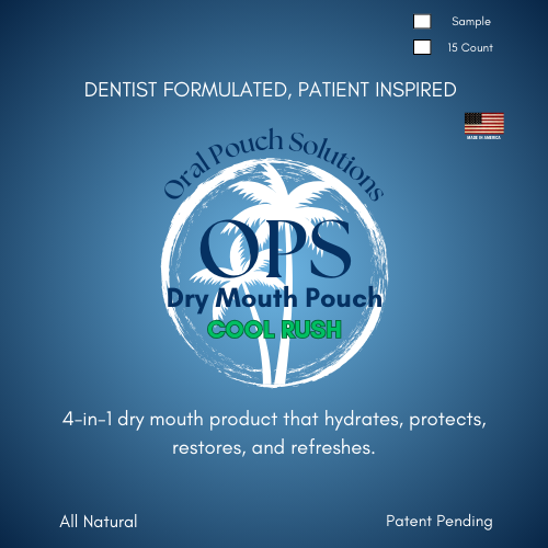 Oral Pouch Solutions Dry Mouth Relief Pouch packaging with OPS logo on a blue background