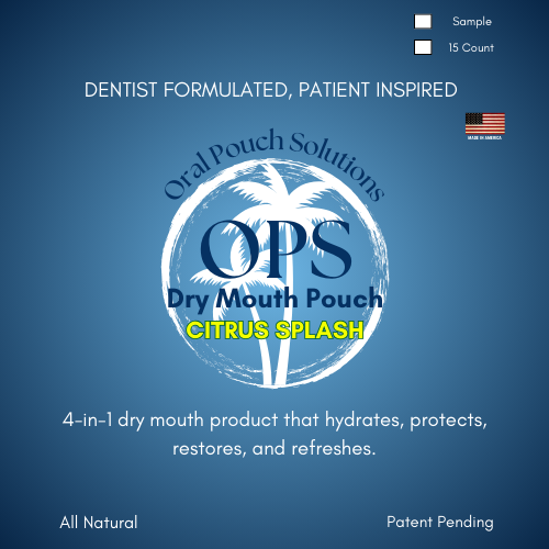 Oral Pouch Solutions dry mouth relief pouch packaging with citrus splash flavor on a blue background.