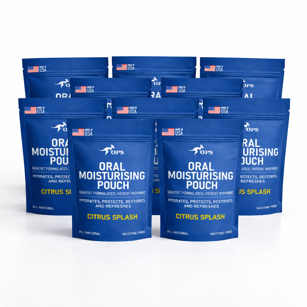 Multiple blue packages of Oral Moisturising Pouch with Citrus Splash flavor on a white background