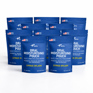 Multiple blue packages of Oral Moisturising Pouch with Citrus Splash flavor on a white background