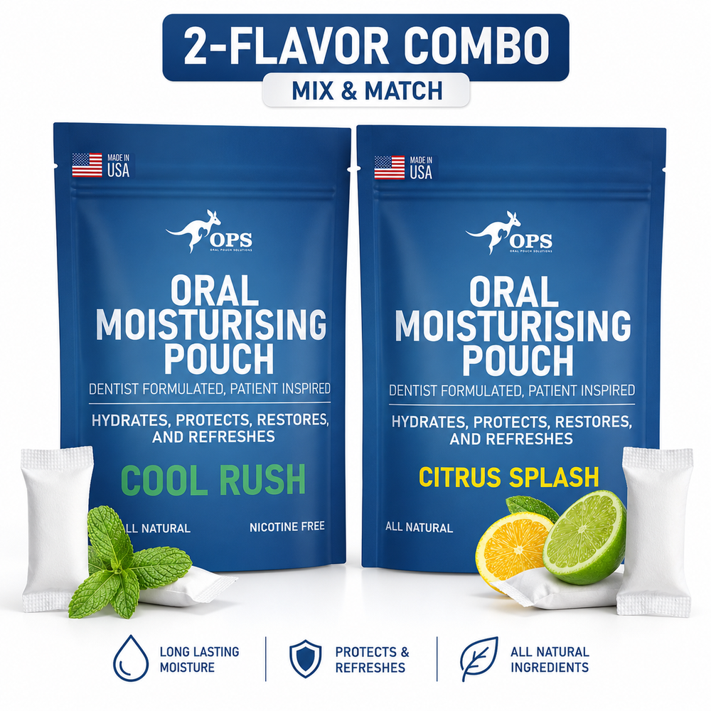 Two blue oral moisturizing pouch packages with 'Cool Rush' and 'Citrus Splash' flavors on a white background.