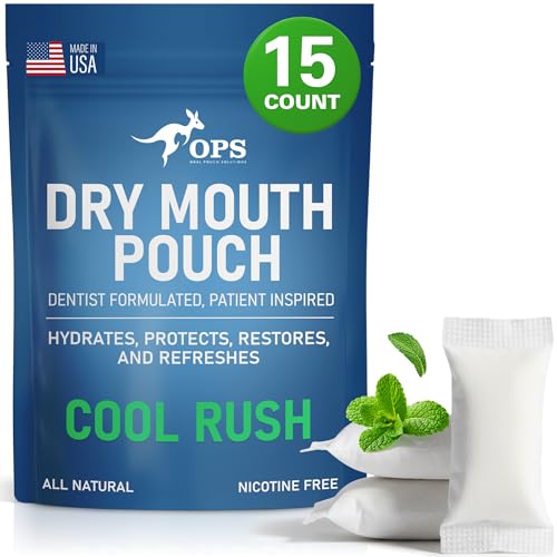 OPS Dry Mouth Relief Pouch packaging with mint leaves on a white background