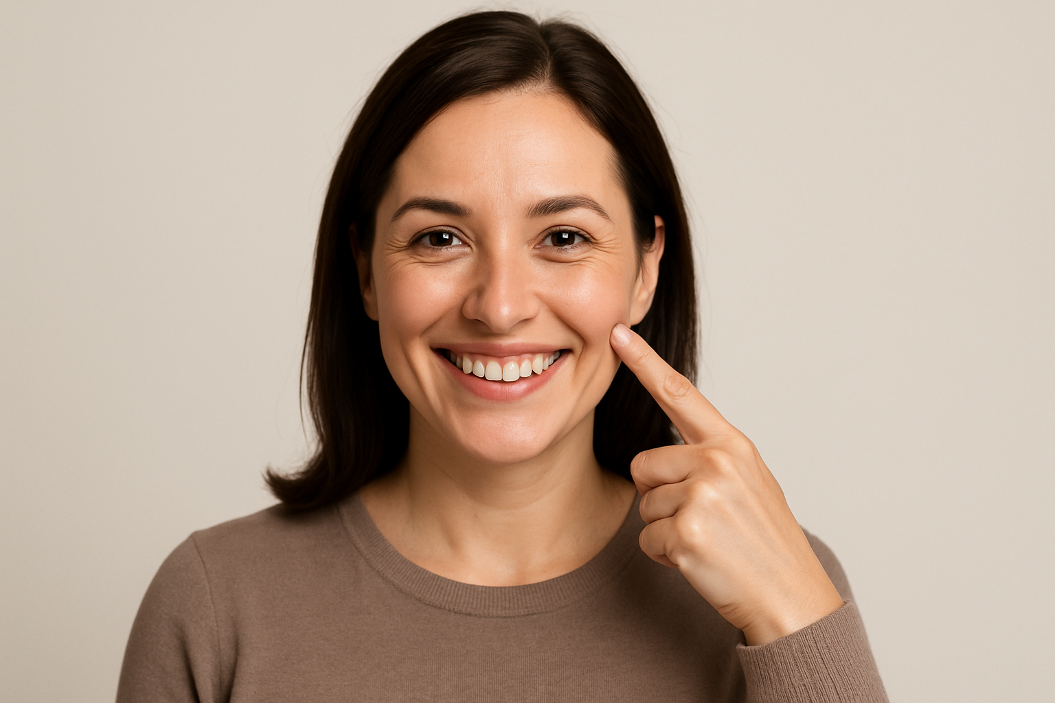 lady smiling and pointing at cheek